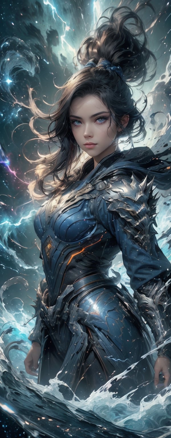 1girl, beautiful, blue starry eyes, wavy spiky hair, powerful appearance, magical surrealism, thick dounle layeref armored blue metal robe, warframe, electricity lightning current flowing around body, Gorgeous, ethereal aura, ray tracing, sidelighting, detailed face, bright skin, dreamlike atmosphere, starry nebula background, Sharp glossy focus, equirectangular 360, Highres 8k, extreme detailed, aesthetic, masterpiece, best quality, rich texture, kinetic move effect, colorful,Movie Still,solo,r1ge,haifeisi,