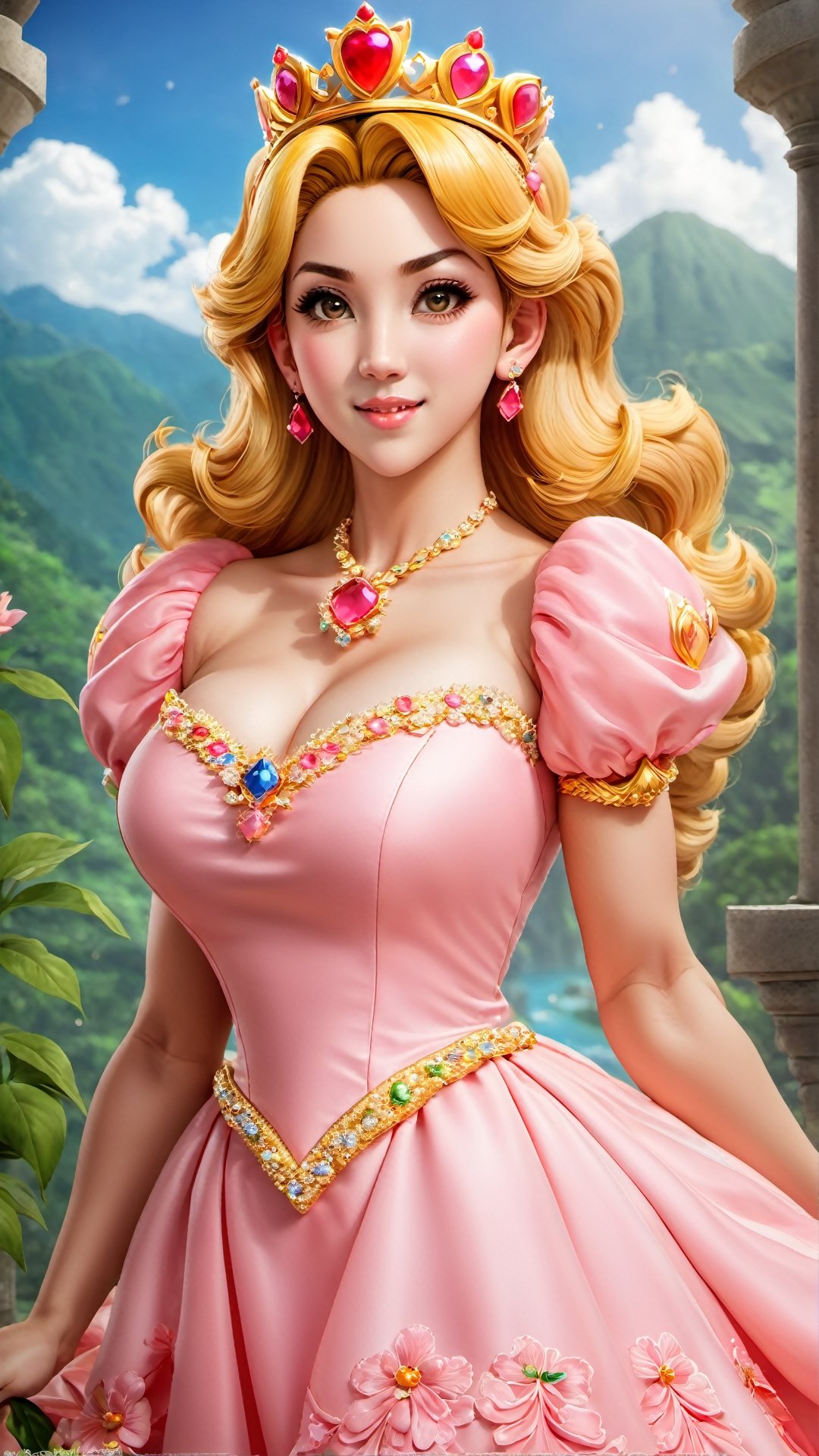 Hasilkan photo real version dari karakter ((Princess Peach)) yg berasal dari Video Games, Princess Peach tampil dengan busana blooming long dress sexy dan menggoda, warna pinky,  mahkota crown princess dengan love jewel, expression cute dan centil bak cabe cabean (hahaha), tampak utuh full body, berbadan kekar muscular dan vein berotot, photo ini harus terlihat seperti di photo studio dan diambil oleh the best cameraman terbaik seantero jagat untuk menghasilkan komposisi gambar yang memuaskan setiap mata yang melihatnya. 
"hahahaha... I love Indonesia" :p