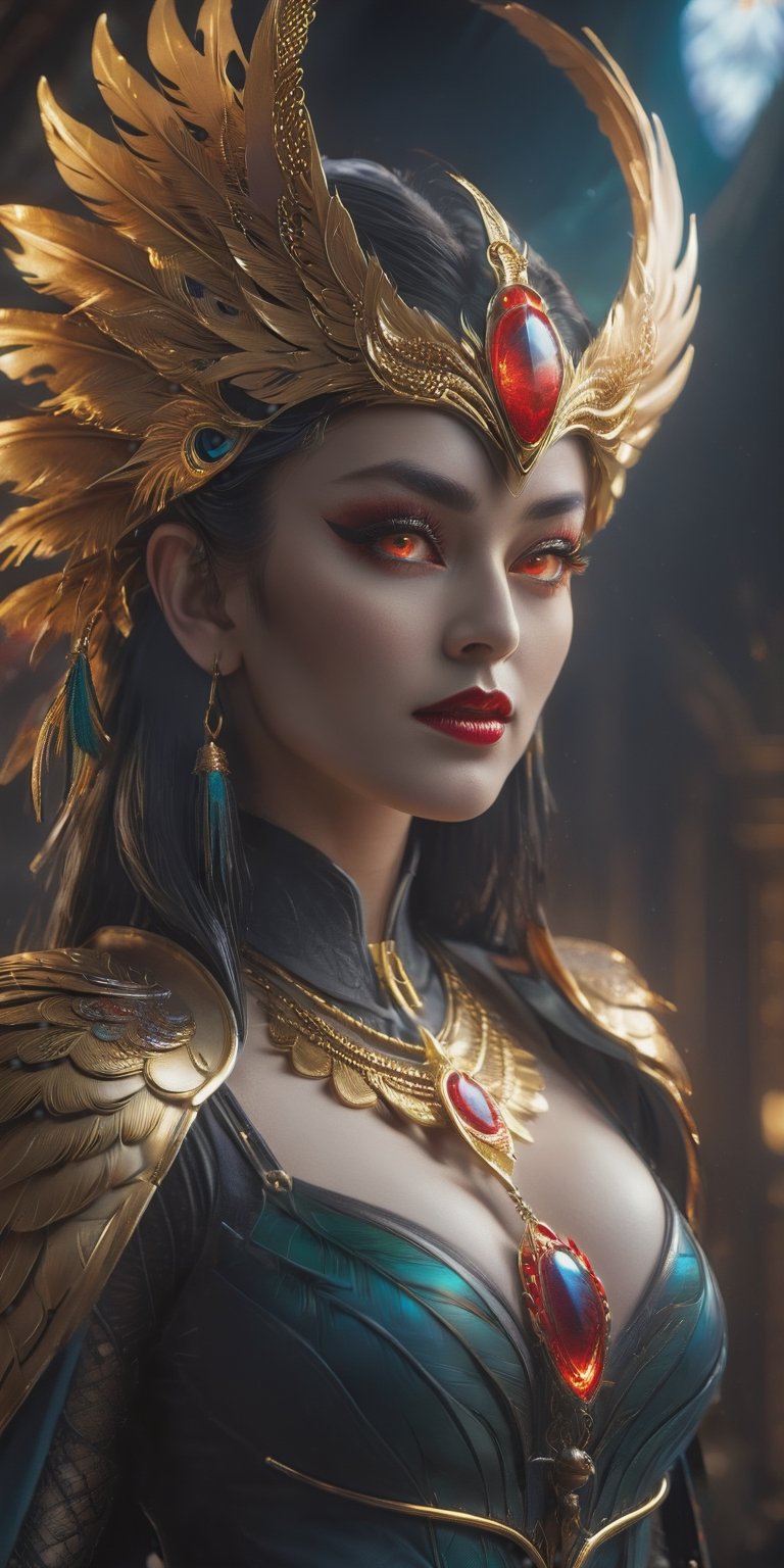 dracula woman wearing phoenix mask engraving with gold metal feather, peacock hair, very detailed glowing red eyes, sharp canines fang teeth, big breastreflection light, cinematic lighting, dramatic visual art, siluet, sharp focus, centered, eye-catching visual and colorful tones, ,Renaissance Sci-Fi Fantasy, Lenkaizm text logo