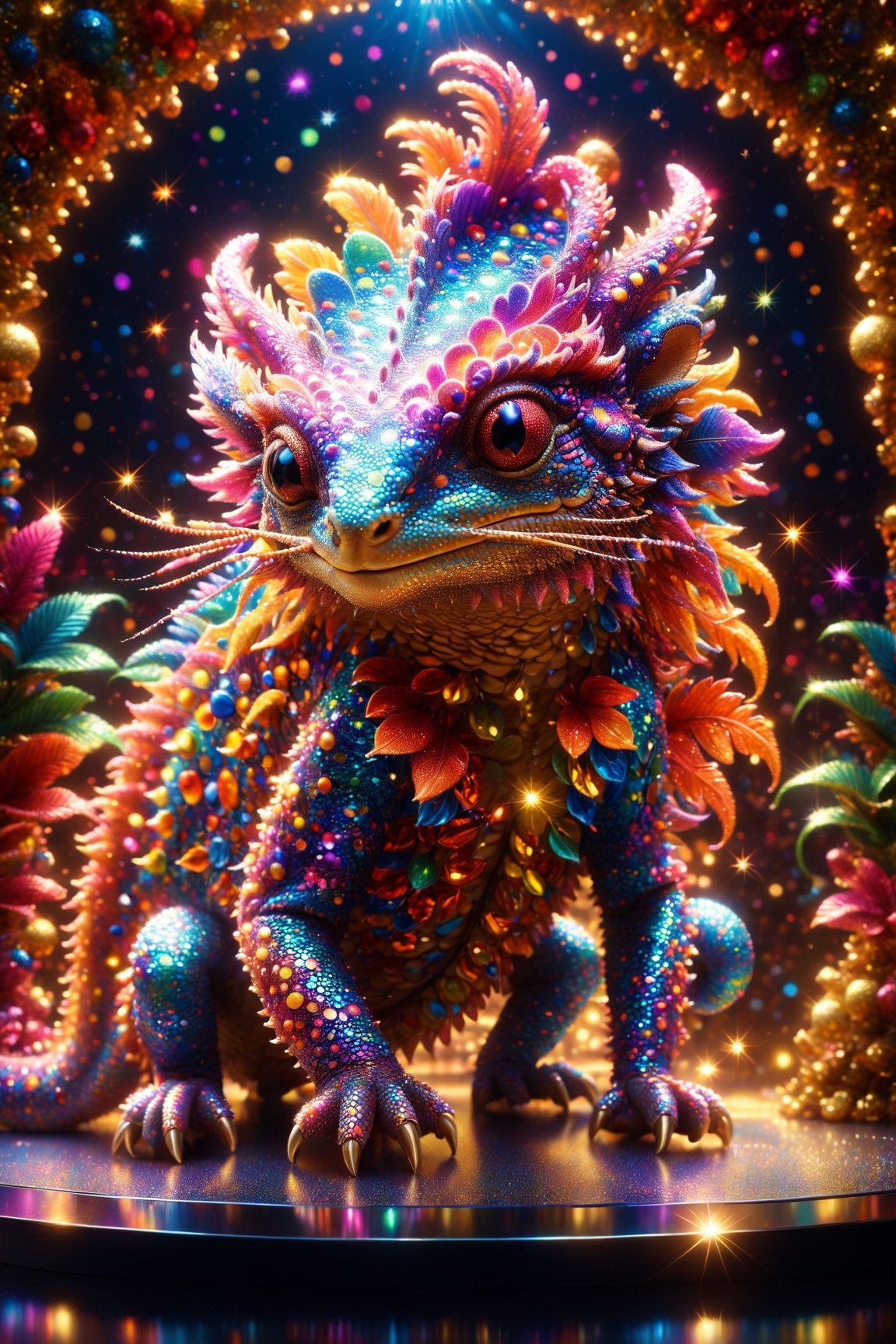 draw a cheerful cute fuzzy psychedelic chameleon on a strangely decorated stage, diverse and colorful, high depth of field, soft lighting, glitter, photorealistic, highly detailed, best quality, 16k, all picture in frame, centered, shiny reflection, sharp shadow, cinematic, (masterpiece:1.5) ,BJ_Sacred_beast