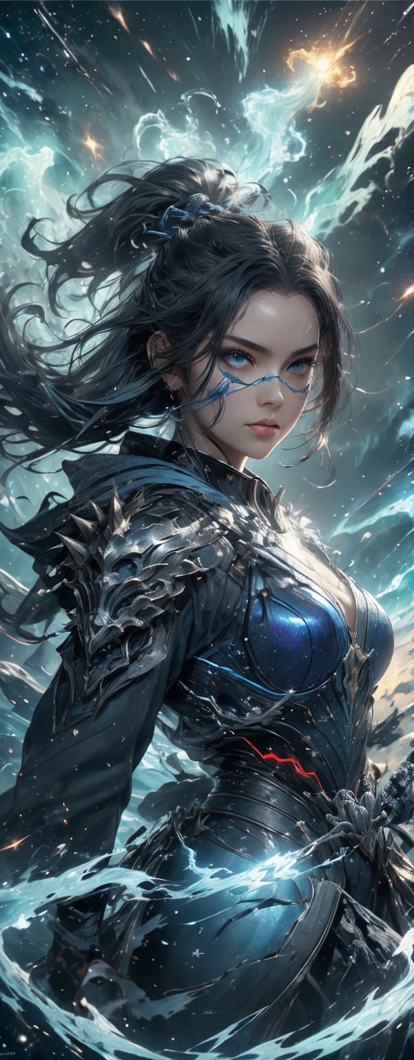 1girl, beautiful, blue starry eyes, wavy blue spiky hair, mouth mask, powerful appearance, magical surrealism, thick dounle layeref armored blue metal robe, warframe, electricity lightning current flowing around body, flying dagger, Gorgeous, ethereal aura, ray tracing, sidelighting, detailed face, bright skin, dreamlike atmosphere, starry nebula background, Sharp glossy focus, equirectangular 360, Highres 8k, extreme detailed, aesthetic, masterpiece, best quality, rich texture, kinetic move effect, colorful,Movie Still,solo,r1ge,haifeisi,