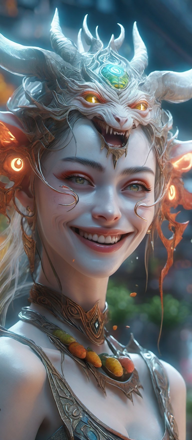 A demon girl smile happily in a beautiful shopping store on a food garden, sharp eye look, realistic photo realism, detail face, intricate background, high_resolution, 32k, Ultra detail, colorful, aesthetic,  moire, lenkz, aw0k euphoric style,High detailed ,Color magic