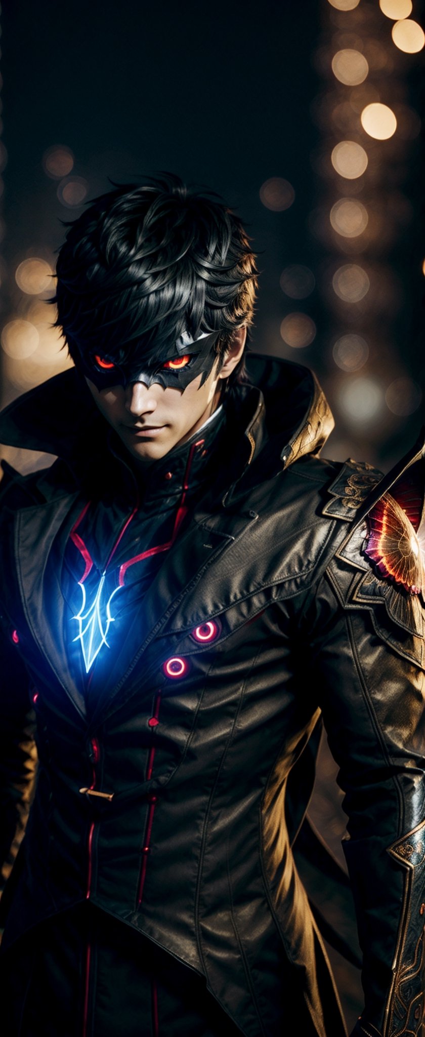 1 man, handsome, ren amamiya, glowing red eyes, sharp look, super detailed eyes, eye mask, evil smile, super detailed face, dual wielding his signature assasin weapon, wear trickster assasins suit embroidered with golden shiny persona symbol, long black coat with golden line flutter in the wind, masterpiece, best quality, 
high resolution, 8k, intricate detail, butterfly in the background, backlight, bokeh, omni light medium brightness, semi realistic mixed with 3d anime style, ,blurry_light_background