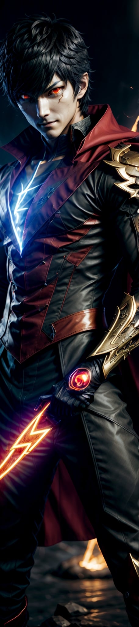 1 man, handsome, ren amamiya, glowing red eyes, sharp look, super detailed eyes, evil smile, super detailed face, dual wielding his signature assasin weapon, wear trickster assasins suit embroidered with golden shiny persona symbol, masterpiece, best quality, 
high resolution, 8k, intricate detail, detailed face, glowing, elemental lightning mixed with fire wind light, backlight, omni light medium brightness, semi realistic mixed with 3d anime style, ,blurry_light_background
