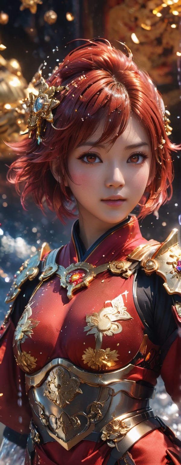 1girl, star eye, blush, perfect illumination, caramel hair styled as short hair, bright red hair, red eyes, dressed in red kimono outfit with outer golden chest armor made from machine, spraying water droplets in all directions, Gorgeous, unreal engine 5, sidelighting, detailed face, bangs, bright skin, starry nebula background, Sharp glossy focus, equirectangular 360, Highres 8k, ultra detailed, aesthetic, masterpiece, best quality, photorealistic, kinetic move effect, colorful,