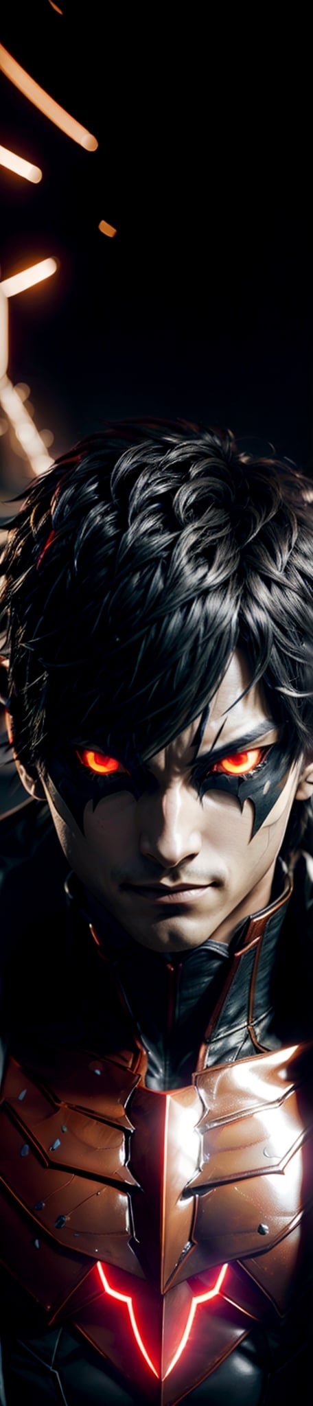 1 man, handsome, ren amamiya, glowing red eyes, sharp look, super detailed eyes, evil smile, super detailed face, dual wielding his signature assasin weapon, wear trickster assasins suit embroidered with golden shiny persona symbol, masterpiece, best quality, 
high resolution, 8k, intricate detail, detailed face, glowing, elemental lightning mixed with fire wind light, backlight, omni light medium brightness, semi realistic mixed with 3d anime style, ,blurry_light_background