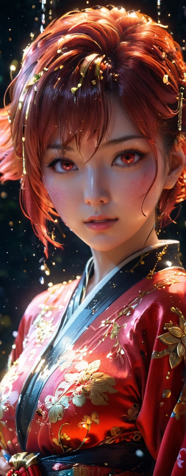 1girl, ((crying)), tears flowing, star in eye, blush, perfect illumination, caramel hair styled as short hair, bright red hair, red eyes,  dressed in red kimono outfit with outer golden chest armor made from machine, spraying water droplets in all directions, Gorgeous, unreal engine 5, ray tracing, sidelighting, detailed face, bangs, bright skin, dreamlike atmosphere, starry nebula background, Sharp glossy focus, equirectangular 360, Highres 8k, extreme detailed, aesthetic, masterpiece, best quality, rich texture, kinetic move effect, colorful,