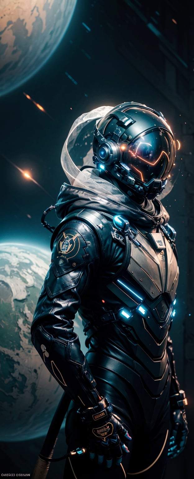 (masterpiece, best quality), (hyper-realistic:1.4), Lenkaizm, 8k, absurd res, high res, (masterpiece:1.4), ultra-detailed, Envision an astronaut exploring a mysterious planet, wearing futuristic space helmet equipped with light visor, neon led line stream on suit, space, cosmos, planet, flower, galaxy, outer space, starry