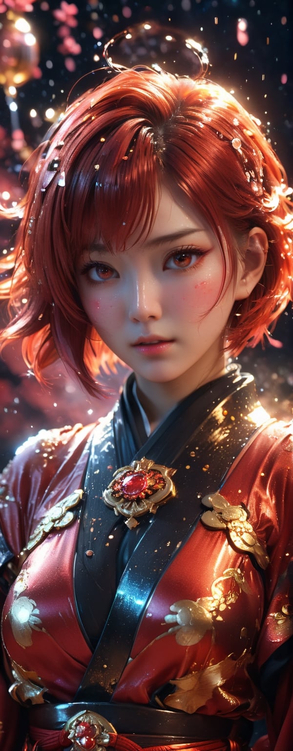 1girl, star eye, blush, perfect illumination, caramel hair styled as short hair, bright red hair, red eyes, ((crying)), tears flowing, dressed in red kimono outfit with outer golden chest armor made from machine, spraying water droplets in all directions, Gorgeous, unreal engine 5, sidelighting, detailed face, bangs, bright skin, starry nebula background, Sharp glossy focus, equirectangular 360, Highres 8k, ultra detailed, aesthetic, masterpiece, best quality, photorealistic, kinetic move effect, colorful,