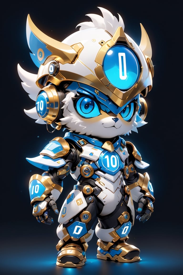 Create a digital mascot with specs a blue and white eye mascot with neon wiring and translucent eye visor chip and circuitry, put a  helmet visor with gold and metallic translucent glass in the forehead, in the style of futuristic mascot, some translucent electrical wiring and gold metal bolt to form a majestic component formation on this mascot body, (((put number 10 on body))), This mascot shall be a luck totem and bless the owner with endless creativity in order to create a better digital world for Artificial intelligence Artist in the world! ***LENKAIZM***