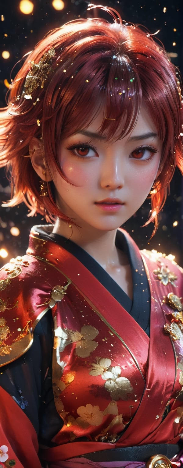 1girl, star eye, blush, perfect illumination, caramel hair styled as short hair, bright red hair, red eyes, (crying in anger1.4),dressed in red kimono outfit with outer golden chest armor made from machine, spraying water droplets in all directions, Gorgeous, unreal engine 5, sidelighting, detailed face, bangs, bright skin, starry nebula background, Sharp glossy focus, equirectangular 360, Highres 8k, ultra detailed, aesthetic, masterpiece, best quality, photorealistic, kinetic move effect, colorful,