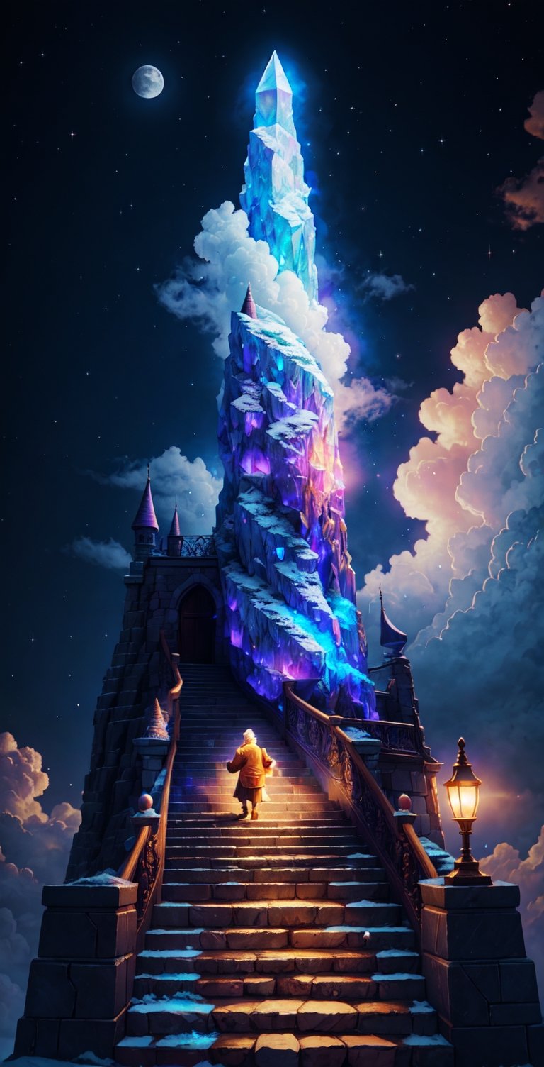 Lenkaizm Prompt: realistic cinematic photo of an old man climbing a very long magical crystal stairs to the moon, dreamlike color inspired by Disney World, (hyper-realistic:0.7), dreamlike color composition, cinematic lighting, cloud, fantasy , extremely detailed, high quality, high resolution, 16k, blurry_light_background, Antonella Fant