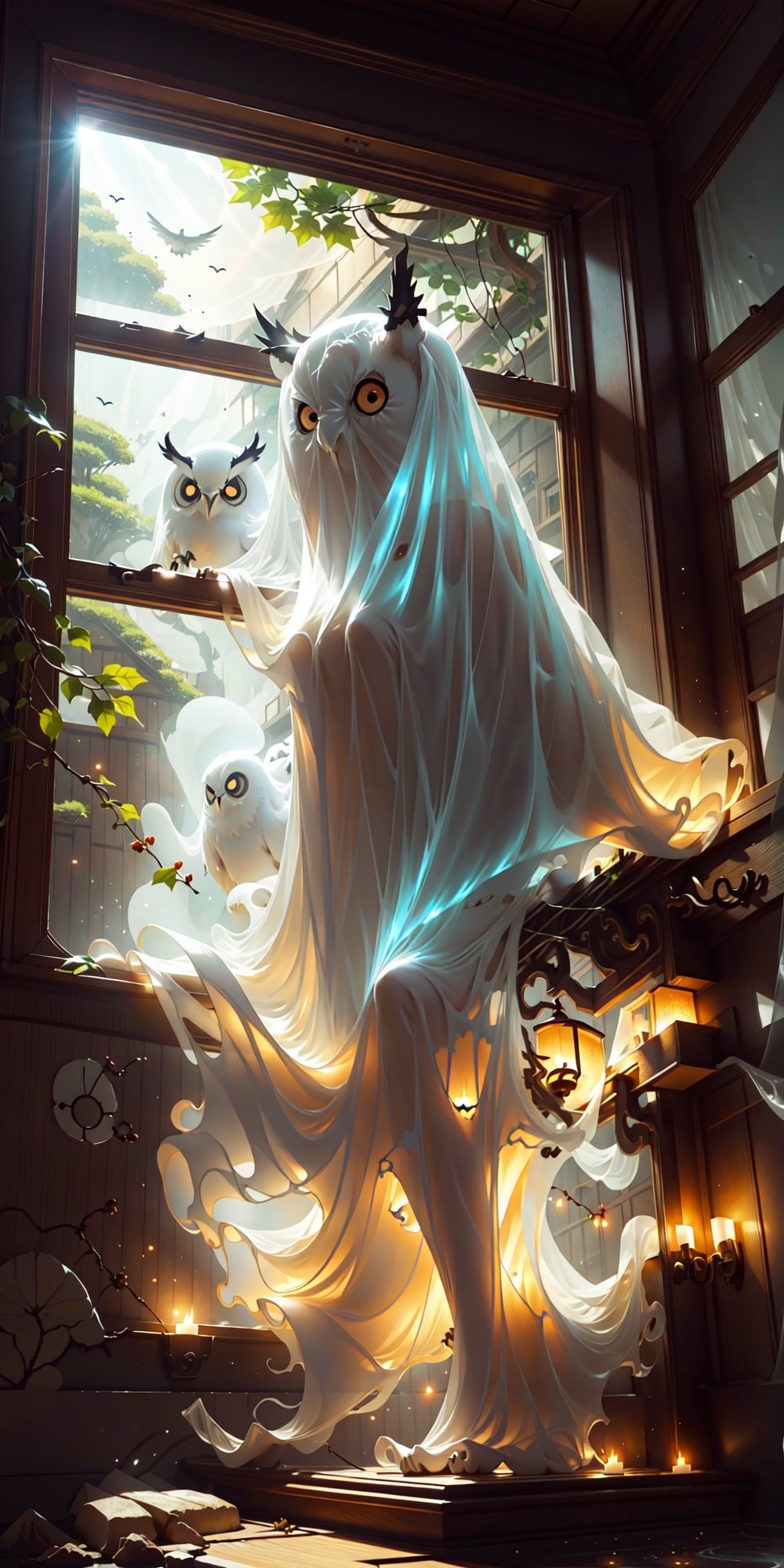 Lenkaizm prompt: a insanely detailed photo of beautiful japanese ghost and a ghost owl companion, semi transparant body, floating, (bathroom|washroom|toilet:1.0), climbing plant and entwining ivy on the wall, sun light through the broken windows, sharp focus, makoto shinkai style animation, high quality masterpiece art, ridiculous resolution, ultra-detailed, afloat, 16k