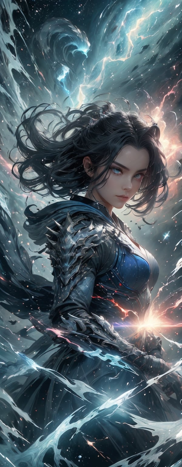 1girl, beautiful, blue starry eyes, wavy spiky hair, powerful appearance, magical surrealism, thick dounle layeref armored blue metal robe, warframe, electricity lightning current flowing around body, holding weapon, Gorgeous, ethereal aura, ray tracing, sidelighting, detailed face, bright skin, dreamlike atmosphere, starry nebula background, Sharp glossy focus, equirectangular 360, Highres 8k, extreme detailed, aesthetic, masterpiece, best quality, rich texture, kinetic move effect, colorful,Movie Still,solo,r1ge,haifeisi,