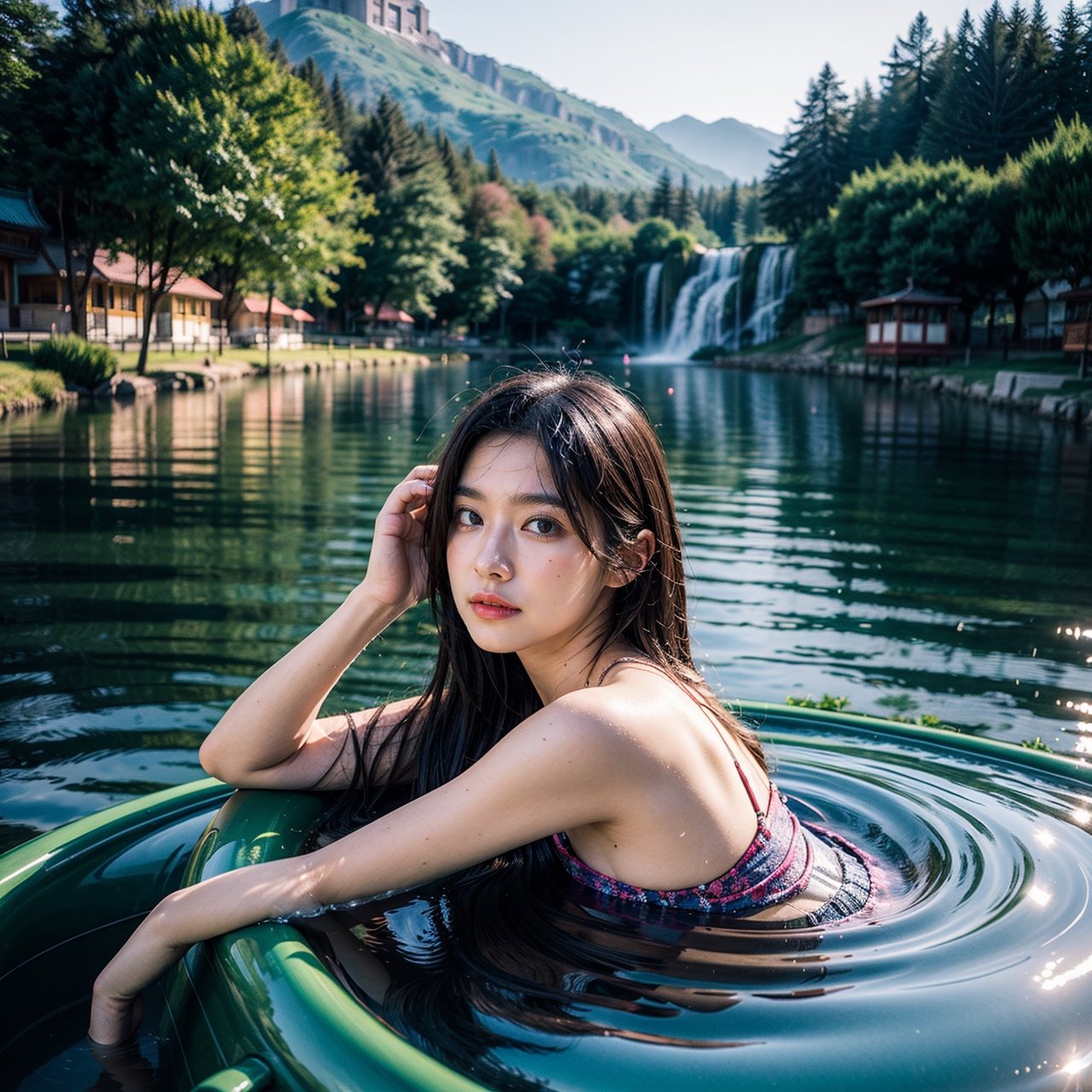 (masterpiece, top quality, best quality, official art, beautiful and aesthetic:1.2), (1girl) taking a bath in the lake, wideshot, extreme detailed, water splash, fairy, colorful hair,highest detailed, detailed_eyes, light_particles, intense background light, very_high_resolution lake background, blurry_background, waterfall, ancient temple,