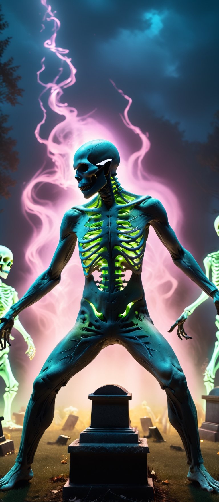 A group of skeleton dance party in a Cemetery full of tombstones, night, dancing pose, dramatic, eerie ghostly siluet under moonlight,mystery,spooky,(hyper-realistic:1.2), [square neon | triangle neon], dark tones, ultra high resolution,  8k,  ultra high quality,  cinematic lighting,  high contrast, low saturation,  vibrant color,  sharp focus,  depth_of_field,  Square neon, volumetric mist,  EpicArt, full body,detailmaster2,HellAI,fire,skull,monster