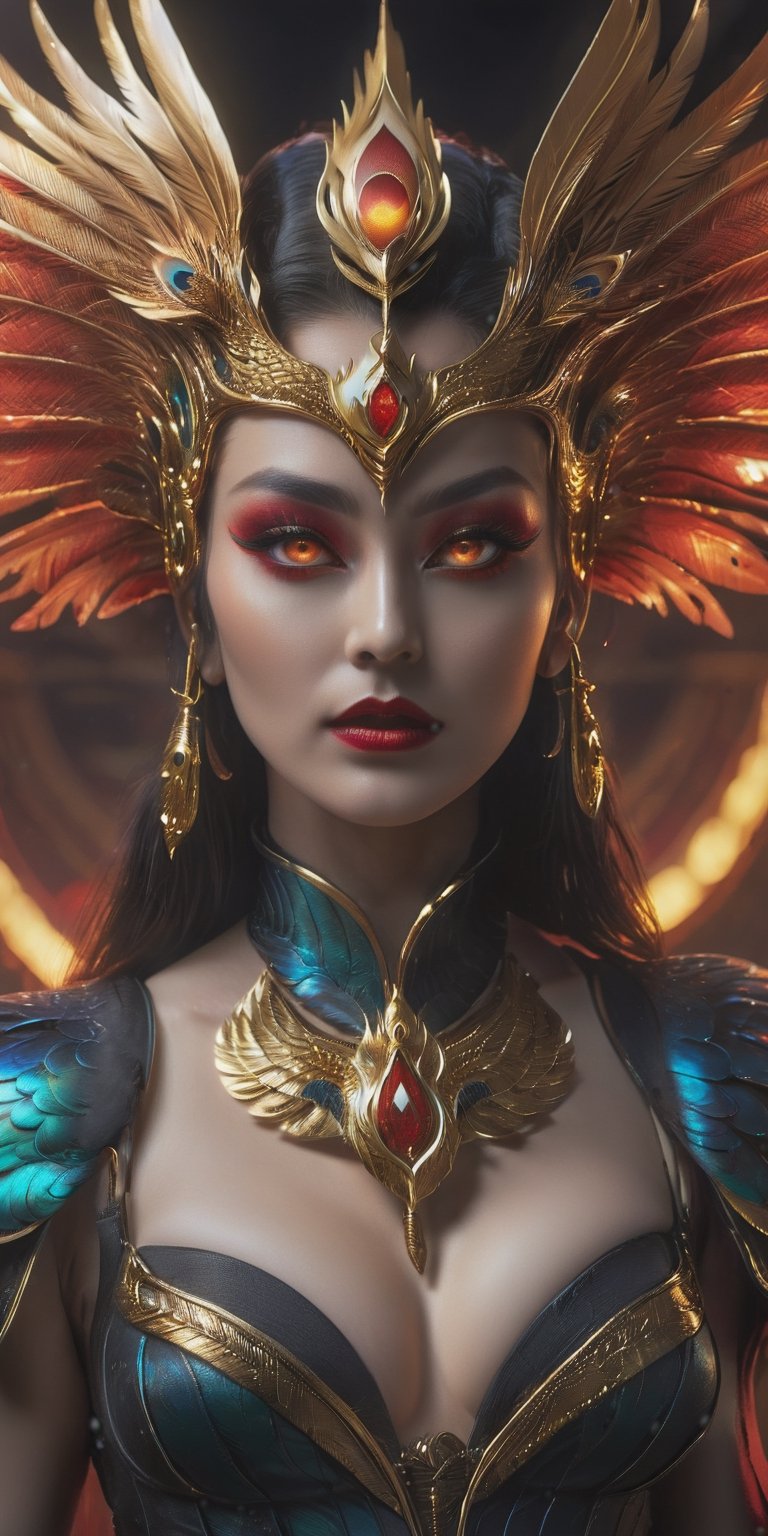 dracula woman wearing phoenix mask engraving with gold metal feather, peacock hair, very detailed glowing red eyes, dracula fang, big breastreflection light, cinematic lighting, dramatic visual art, siluet, sharp focus, centered, eye-catching visual and colorful tones, ,Renaissance Sci-Fi Fantasy, Lenkaizm text logo