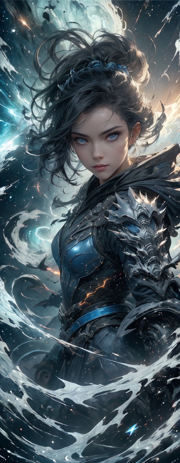 1girl, beautiful, blue starry eyes, wavy spiky hair, mouth mask, powerful appearance, magical surrealism, thick dounle layeref armored blue metal robe, warframe, electricity lightning current flowing around body, holding weapon, Gorgeous, ethereal aura, ray tracing, sidelighting, detailed face, bright skin, dreamlike atmosphere, starry nebula background, Sharp glossy focus, equirectangular 360, Highres 8k, extreme detailed, aesthetic, masterpiece, best quality, rich texture, kinetic move effect, colorful,Movie Still,solo,r1ge,haifeisi,