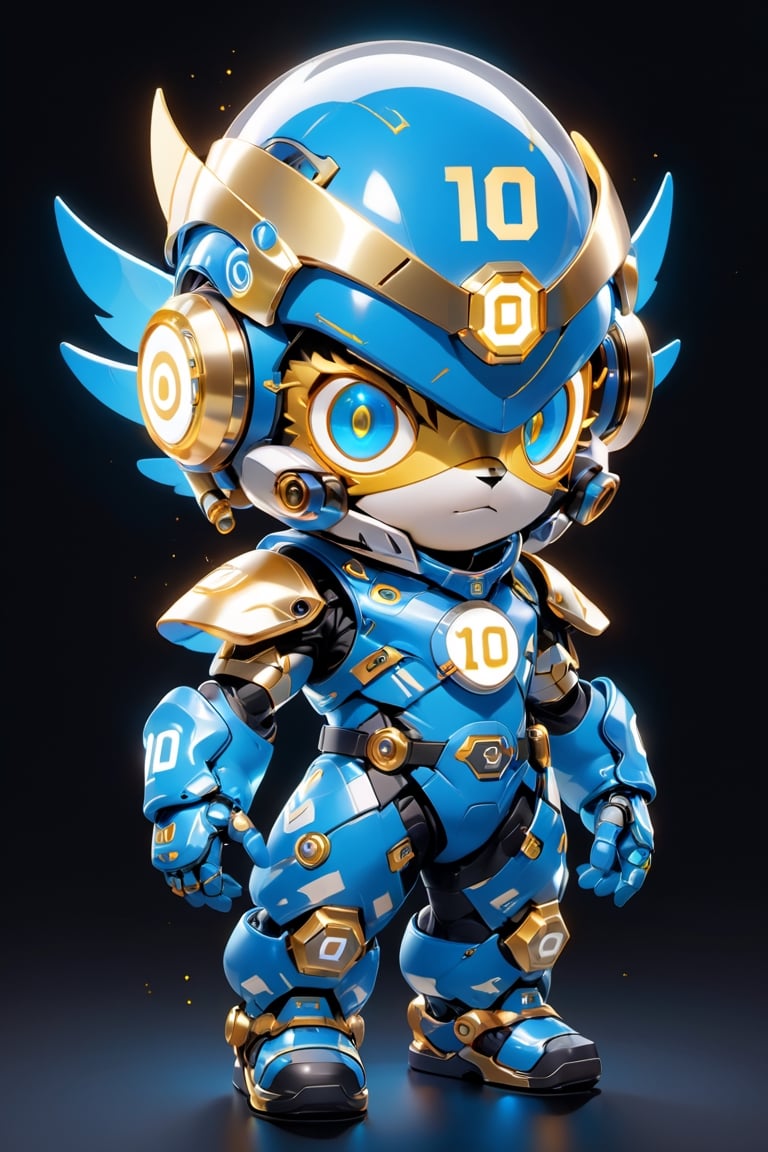 Create a digital mascot with specs a blue and white eye mascot with neon wiring and translucent eye visor chip and circuitry, put a  helmet visor with gold and metallic translucent glass in the forehead, in the style of futuristic mascot, some translucent electrical wiring and gold metal bolt to form a majestic component formationin this mascot body, (((put number 10 on body))) 