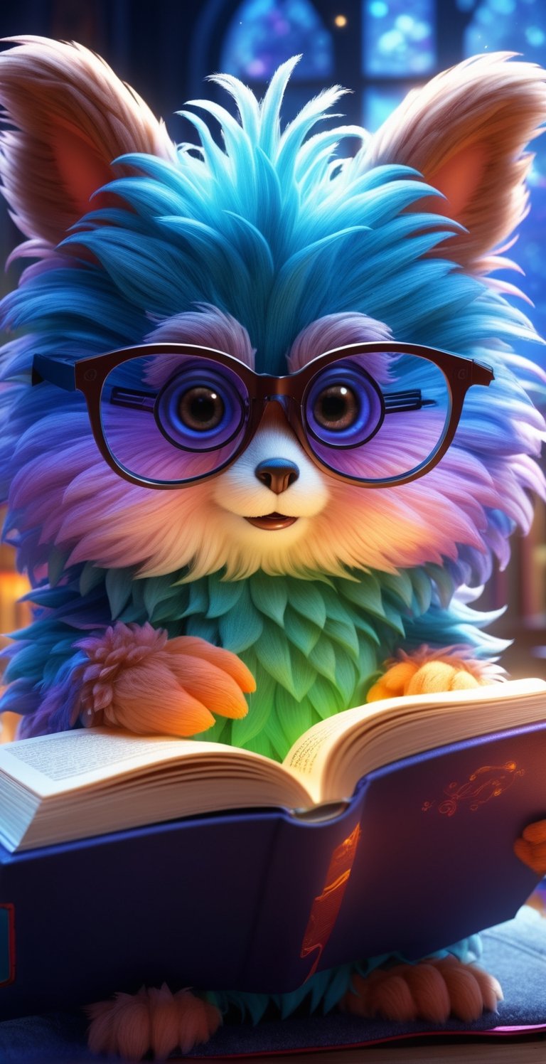 fuzzy creature wearing glasses reading magic book, digital art style, high_res, 8k, HDR, high quality, hyper-detailed, cinematic lighting 