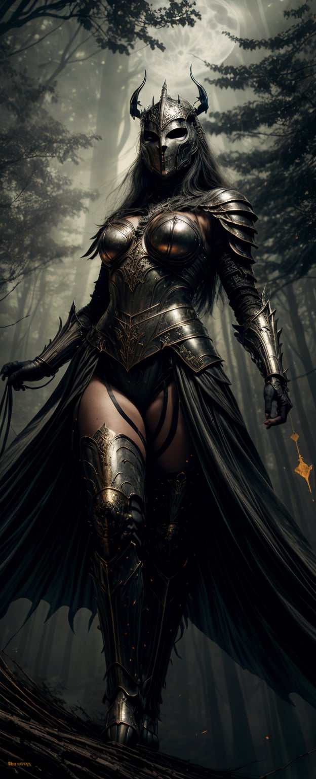 A woman warrior clad in armor and donning an eerie evil mask hovers suspended in mid-air beneath a canopy of towering trees, illuminated by the soft glow of moonlight. The camera captures this ethereal scene from a low-angle perspective, looking up at the warrior's imposing figure. Her feet are ensnared in a delicate spider web, which glows with a faint luminescence, as if infused with an otherworldly energy.,Armor