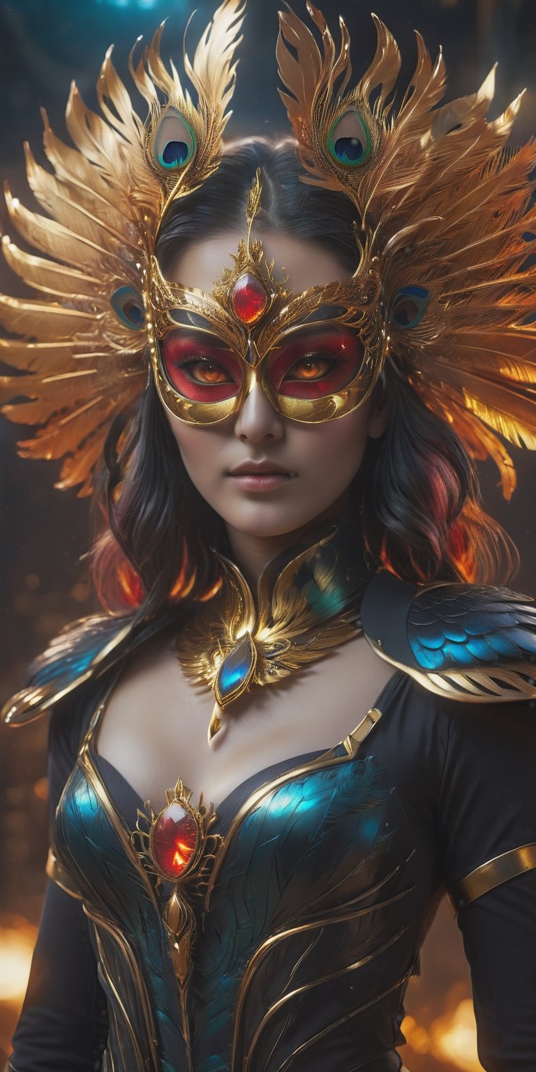 woman wearing phoenix mask engraving with gold metal feather, peacock hair, very detailed glowing red eyes, reflection light, cinematic lighting, dramatic visual art, siluet, sharp focus, centered, eye-catching visual and colorful tones, ,Renaissance Sci-Fi Fantasy, Lenkaizm text logo