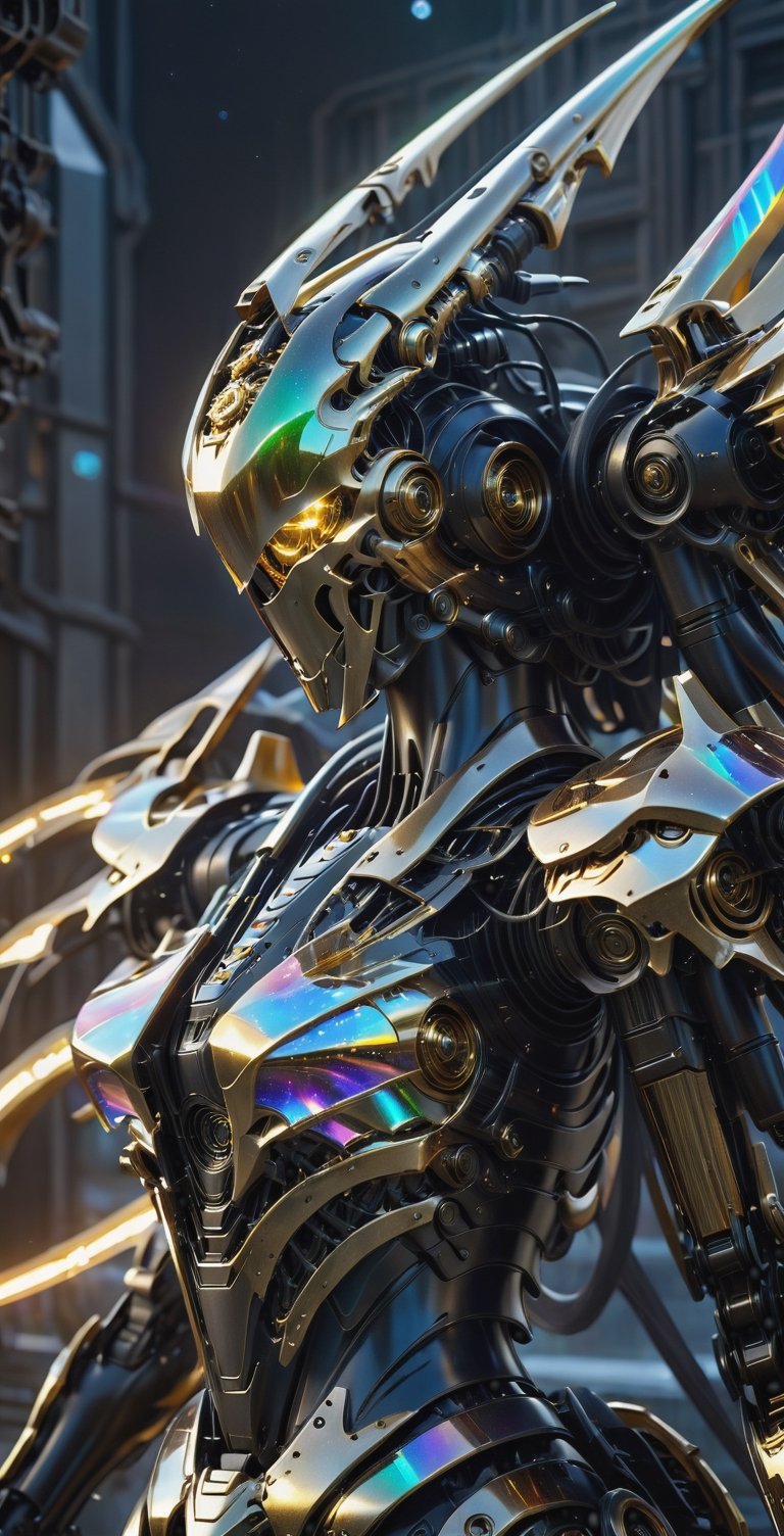 Lenkaizm Prompt: a biomechanical grim reaper with futuristic  laser scythe weapon, wearing a black and golden mechanical armor, big machinary crow wing, detailed face, starry milkyway in the sky, high resolution art, 32k, best quality, masterpiece, stunning, eye-cathing detail and visual enhancement, High detailed ,Movie Still,Magical Fantasy style, dark, epic, iridescent, intricate, hypnotic, sharp focus, ray tracing, subsurface scattering, detailed surreal style, very dark volumetric light, magical realism, color magic, vibrant,mecha,holographic