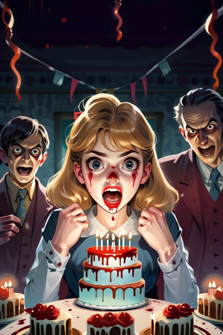 a cartoon anime poster of a Murder Birthday Party, birthday, cake, (murder), party, High detailed, design, high quality detail, good anatomy, scared young woman, (creepy), (horror), blood, 