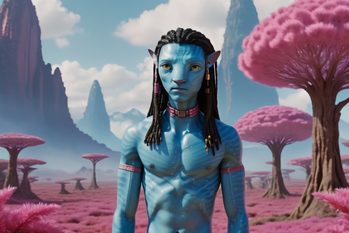 (Avatar movie) (directed by Wes Anderson:1.5), (ultra 
symmetrical shot), (Avatar Pandora planet in background), (subject in the perfect middle of image), pastel color, cinematic light, saturated, (pink:1.2), (Wes Anderson style:1.5), (high film grain), ultra realistic, Na'vi,Read description, cinematic shot, (1 symmetrical male Na'vi in the perfect center of image:1.8), watched the camera, ultra detailed skin, (pastel blue skin), skin texture, (pastel colors:1.2) Movie Still, pink tree, pink plants, (pink space ship), (half body character), (symmetrical face:1.5) (symmetrical body:1.5)