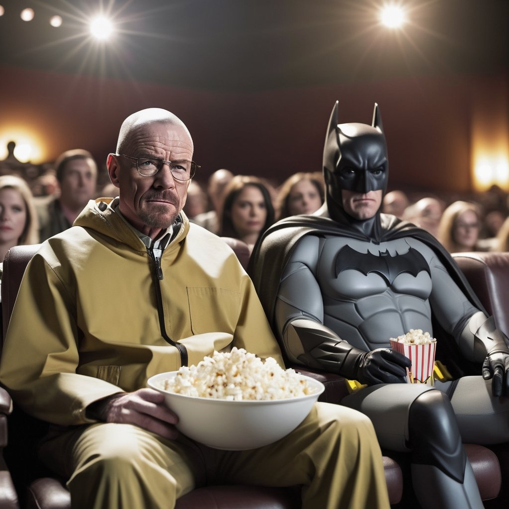 (Walter White) from Breaking Bad and (Batman), sitting (at the cinema), at the teather, detailed pocorn, (watching a movie). cinema background, theater background, 4k, masterpiece, high quality. detailed face, detailed skin. detailed Bryan Cranston face. yellow lab coat, detailed bat suite. detailed perfect eyes, perfect lightning, cinematic light.
high_resolution, high detail,photo r3al