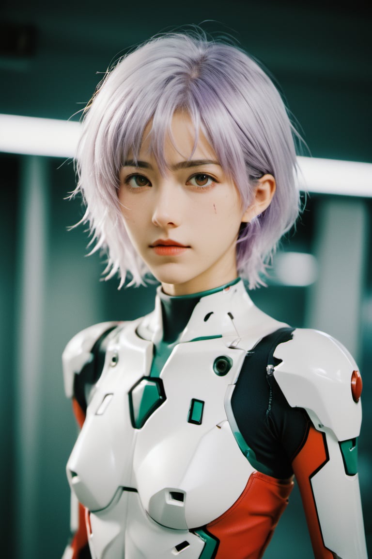 (Neon Genesis Evangelion), best quality, masterpiece, ultra detailed, (visible full body:2), (long shot:1.5), 1girl, (Rei Ayanami:1.5), (Rei from Evangelion:1.5), girl,16 years old woman, teenager, young adult woman, beautiful detailed eyes, ultra detailed hair, ultra detailed face, (short light blue purple hair:1.5), (red eyes:1.5), (red pupils:1.8), visible body, visible legs, full body visible, (ultra detailed skin:1.8), skin texture, Movie Still,xxmix_girl, (Evangelion white round plugsuit:1.5), white tech mecha (round) suit, white gloves, photo r3al,xxmixgirl, (white hair clips:1.8), mecha,Movie Still, cinematic light, 8k, hdr,LinkGirl,teengirlmix, frontal photo, frontal subject, tech round suit, fit girl, slim girl,cyborg style, slim face,photo r3al,FilmGirl, calm face, (blank look:1.5), (goose bumps), (freckles)