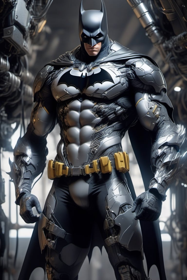 A 20 years old boy extremely handsome putting on a cyborg batman suit muscular body deadly lock high tech armor detailed body 