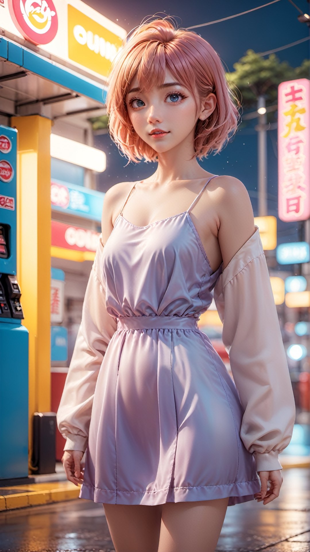 By Yves Di, a beautiful androgynous, satin slip dress, beautiful face, beautiful legs, light pind eyes, very happy face, full body, colorful colors, detailed background beautiful, gas station, rainny day,high quality, 8K Ultra HD, 3D effect, A digital illustration of anime style, soft anime tones, Atmosphere like Kyoto Animation, luminism, three dimensional effect, luminism, 3d render, octane render, Isometric, awesome full color, delicate and anime character expressions

