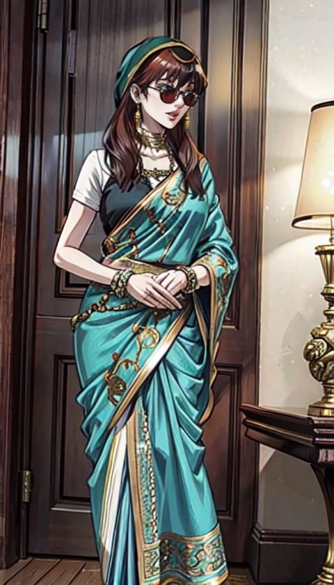 beautiful young redhead woman, wearing sunglasses, hyper-detailed, Realistic,1girl
,sari,anime