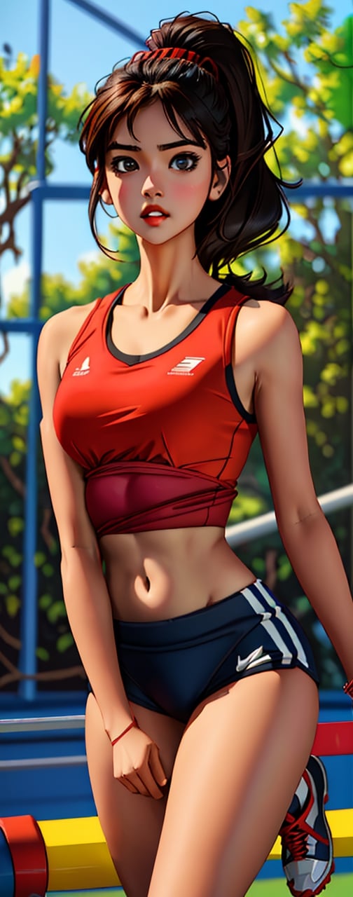 Anita who is a beautiful girl and has two arm and two legs wearing red sports clothes and running in the school gym.,colorful_girl_v2