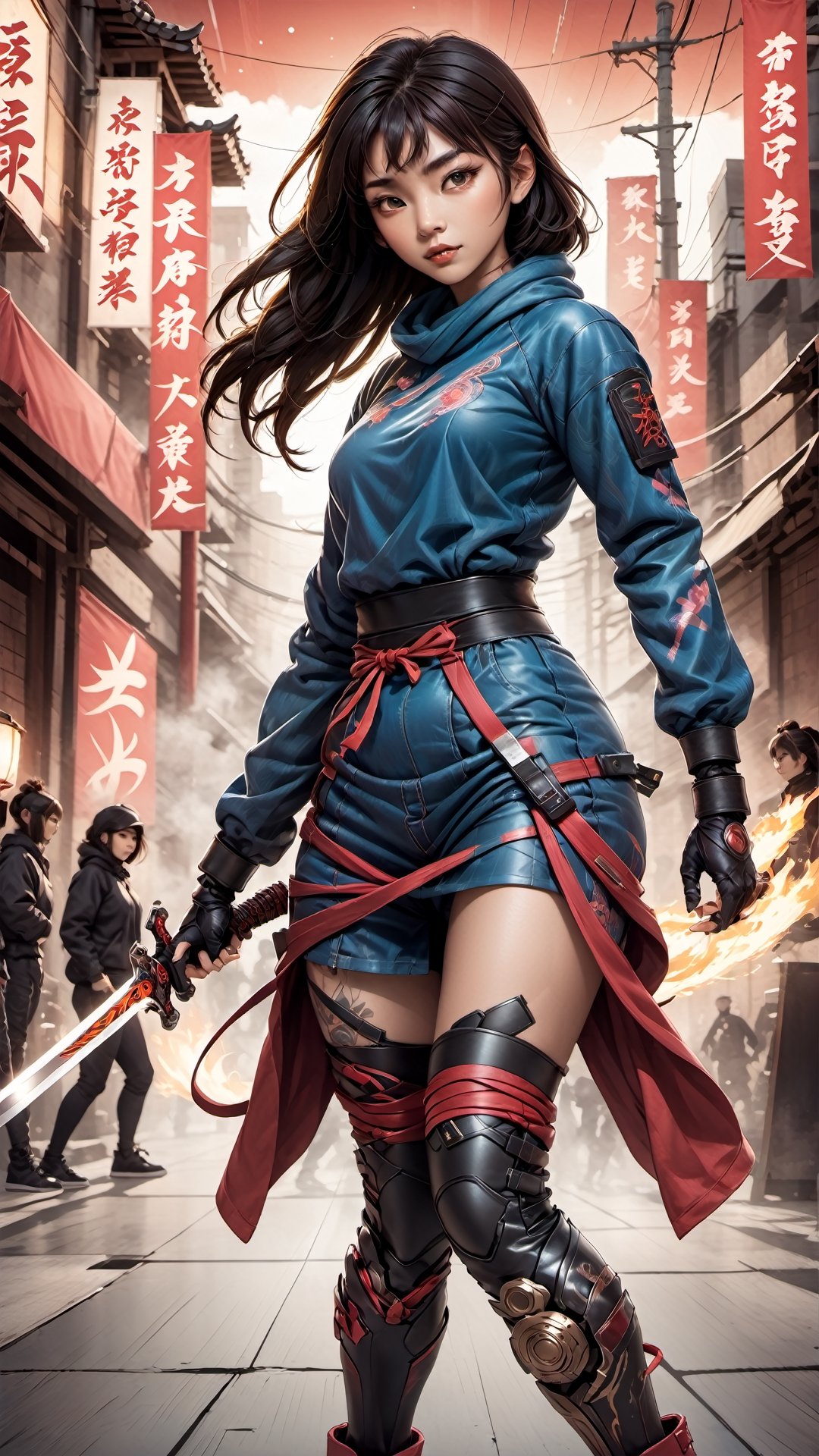 Create an art Poster, vintage anime/graphic novel styled illustration of a tech-wear, Filipina, Spanish, Japanese female cyborg ninja, wielding a plasma energized katana, striking pose, all limbs appear in frame, Japanese vibe, detailed design for streetwear and urban style Chinese ink wash painting, urban background,

