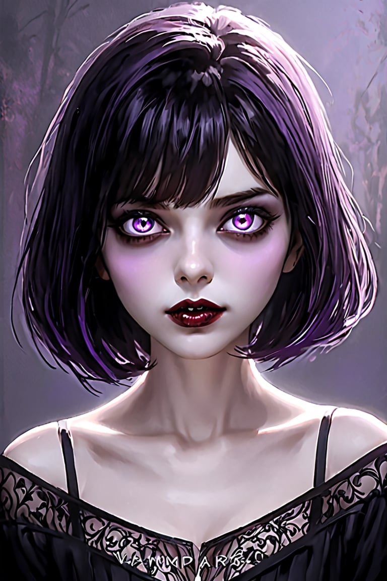 (((masterpiece:1.2))) anime style, cartoon, comic, anime comic, medium dark colors, soft tones, lighting details, 1girls, original_character,vampyr,glowing red eyes, fangs teeth ,black painted lips, pastel purple eyes, long black hair dark gray background, short-hair bangs, defined eyebrows, surreal,dal
