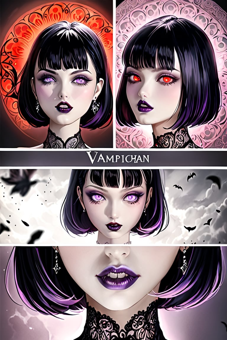 (((masterpiece:1.2))) anime style, cartoon, comic, anime comic, medium dark colors, soft tones, lighting details, 1girls, original_character,vampyr,glowing red eyes, fangs teeth ,black painted lips, pastel purple eyes, long black hair dark gray background, short-hair bangs, defined eyebrows, surreal,dal
,sakimichan style