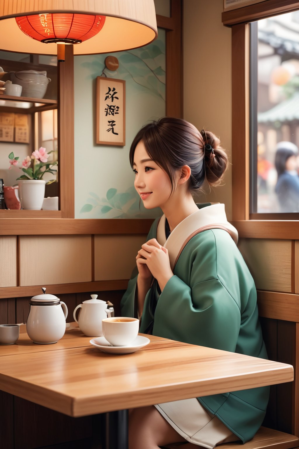 Illustrate a cozy scene in a Japanese café, portraying characters enjoying a quiet, heartwarming moment. Utilize soft, warm colors, focusing on character interactions and expressions, and bring out the charm of the café setting.