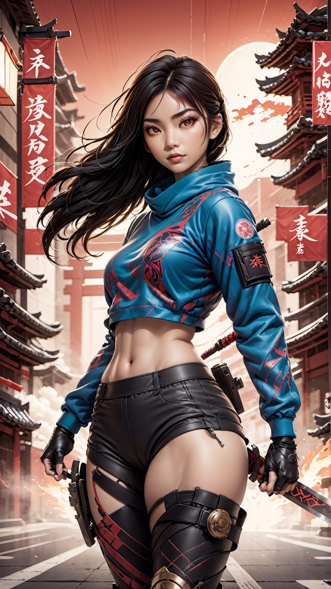 Create an art Poster, vintage anime/graphic novel styled illustration of a tech-wear, Filipina, Spanish, Japanese female cyborg ninja, wielding a plasma energized katana, striking pose, all limbs appear in frame, Japanese vibe, detailed design for streetwear and urban style Chinese ink wash painting, urban background,

