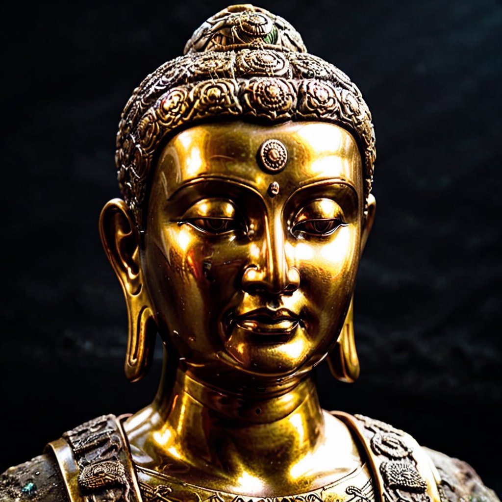 Thousand-Year-Old Unearthed Buddha Statue,face closeup(Ancient Bronze Genus:1.5), Smooth with Patina, Upper Body, (Disc Behind Head:2), Bright, Light Tracing, (Cyberpunk:1.6), (Photorealistic:1.4), (Best Quality:1.0), (Ultra HD:1.0), 8k, RAW Photographs, (Masterpieces:0.2), Ultra-Fine, 1 Male, Portrait, Fine Skin, (Half-Closed Eyes:1.2),sitting position,buddha statue