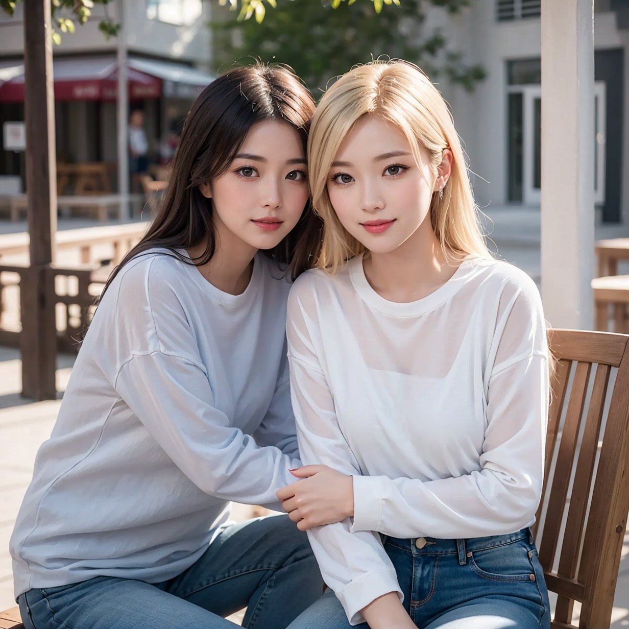 A stunning photorealistic masterpiece of an Asian woman and man in a romantic setting, surrounded by （beachside freshy sunlights )).The woman, with blonde hair and natural skin texture, wears long sleeve white OL shirt,and sexy jeans, posing dynamically with a smile, against a dimly lit shaded plaza background.((Night ambient, night  scene, cinematic photorealistic shooting,light and shadow.)),cloceup halfbody photography. sitting on chair, front view. looking at camera.
Her eyes are finely detailed with a hint of blush, as she looks directly leftside of the viewer. The scene is captured in breathtaking 8K detail, with film grain and a shallow depth of field, showcasing the beauty of their natural skin texture and the intricate flower arrangement.
