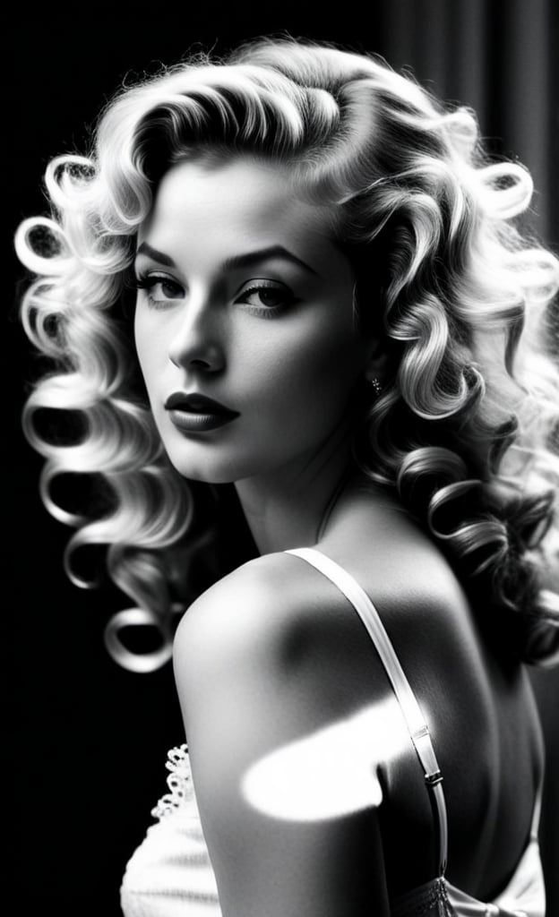 (((Iconic illustration 1950s age style but extremely beautiful)))
(((blonde curly long hair shot)))
(((Chiaroscuro Solid colors background)))
(((masterpiece,minimalist,epic,
hyperrealistic,photorealistic)))
(((view profile,view detailed )))
(((Monochrome solid colors)))(((Annie Leibovitz style, full  body photography1.2))by Diane Arbus style))),srh_ttz