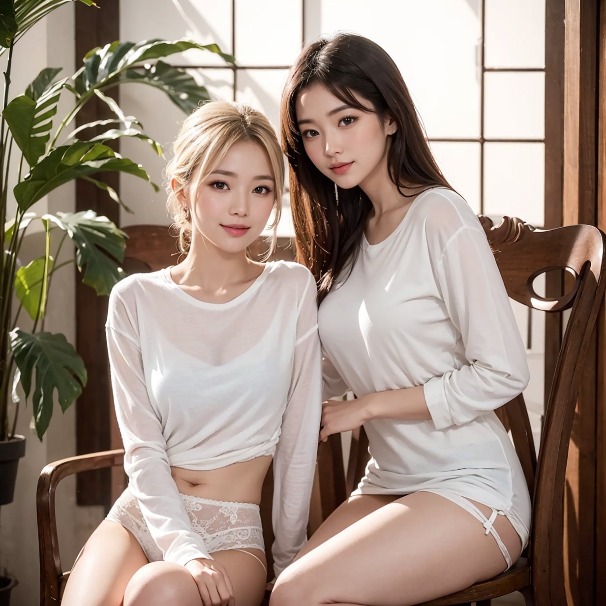 A stunning photorealistic masterpiece of an Asian woman and man in a romantic setting, surrounded by （beachside freshy sunlights )).The woman, with blonde hair and natural skin texture, wears long sleeve white OL shirt,and sexy a white tiny short underwear & short skirts, posing dynamically with a smile, against a dimly lit shaded plaza background.((Night ambient, night  scene, cinematic photorealistic shooting,light and shadow.)),cloceup halfbody photography. sitting on chair, front view. looking at camera.
Her eyes are finely detailed with a hint of blush, as she looks directly leftside of the viewer. The scene is captured in breathtaking 8K detail, with film grain and a shallow depth of field, showcasing the beauty of their natural skin texture and the intricate flower arrangement.
