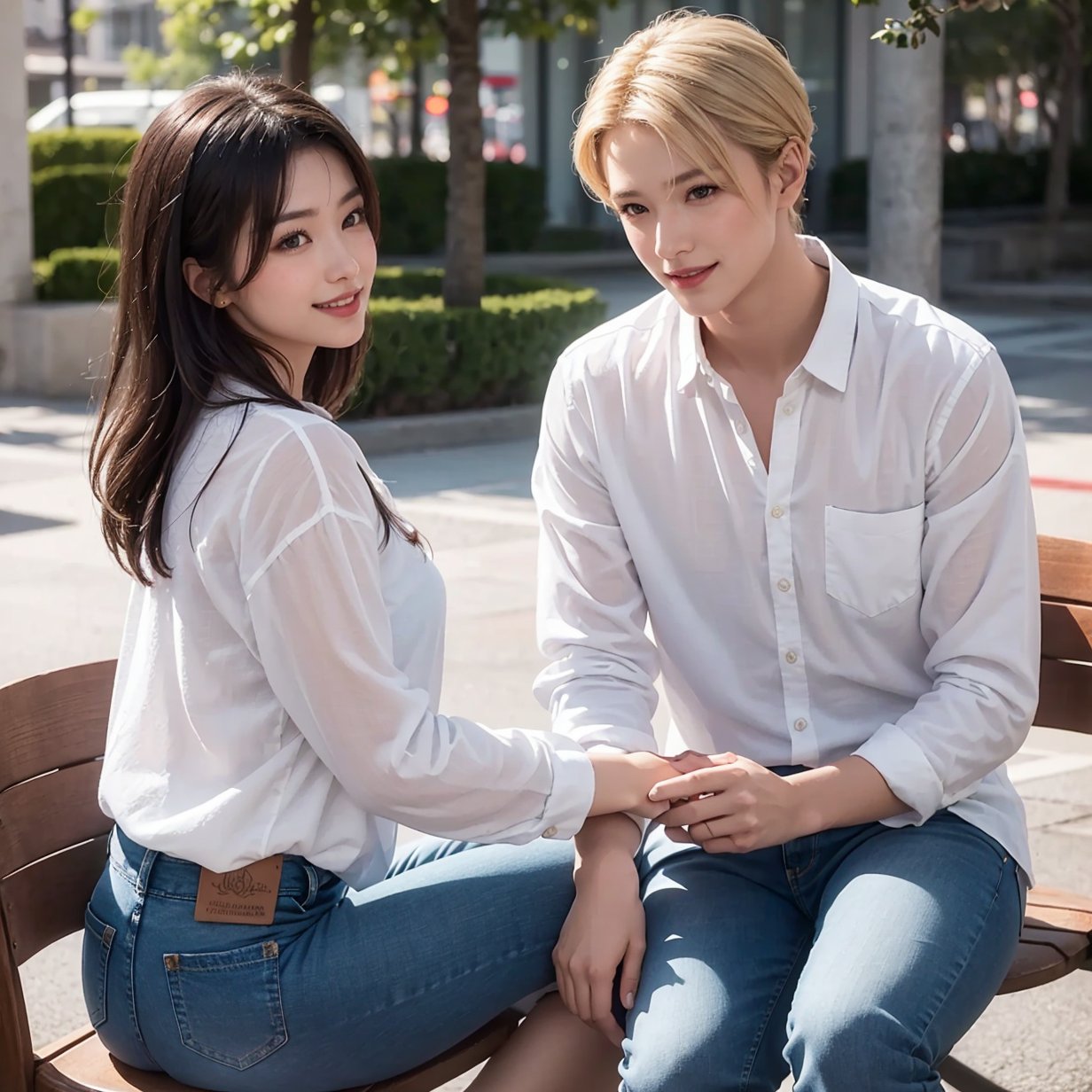 A stunning photorealistic masterpiece of an Asian woman and man in a romantic setting, surrounded by （beachside freshy sunlights )).The woman, with blonde hair and natural skin texture, wears long sleeve white OL shirt,and sexy jeans, posing dynamically with a smile, against a dimly lit shaded plaza background.((Night ambient, night  scene, cinematic photorealistic shooting,light and shadow.)),cloceup halfbody photography. sitting on chair, back view. looking at camera.
Her eyes are finely detailed with a hint of blush, as she looks directly leftside of the viewer. The scene is captured in breathtaking 8K detail, with film grain and a shallow depth of field, showcasing the beauty of their natural skin texture and the intricate flower arrangement.
