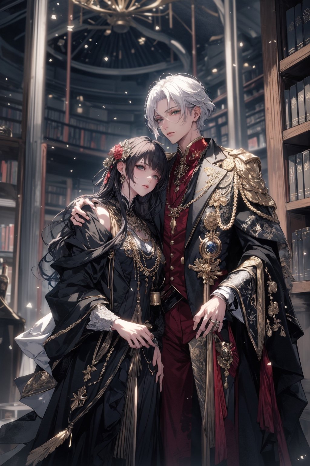 8k, (male_green_eyes), middle world clothing, Rococo style, sweet, romance,midjourney, library,