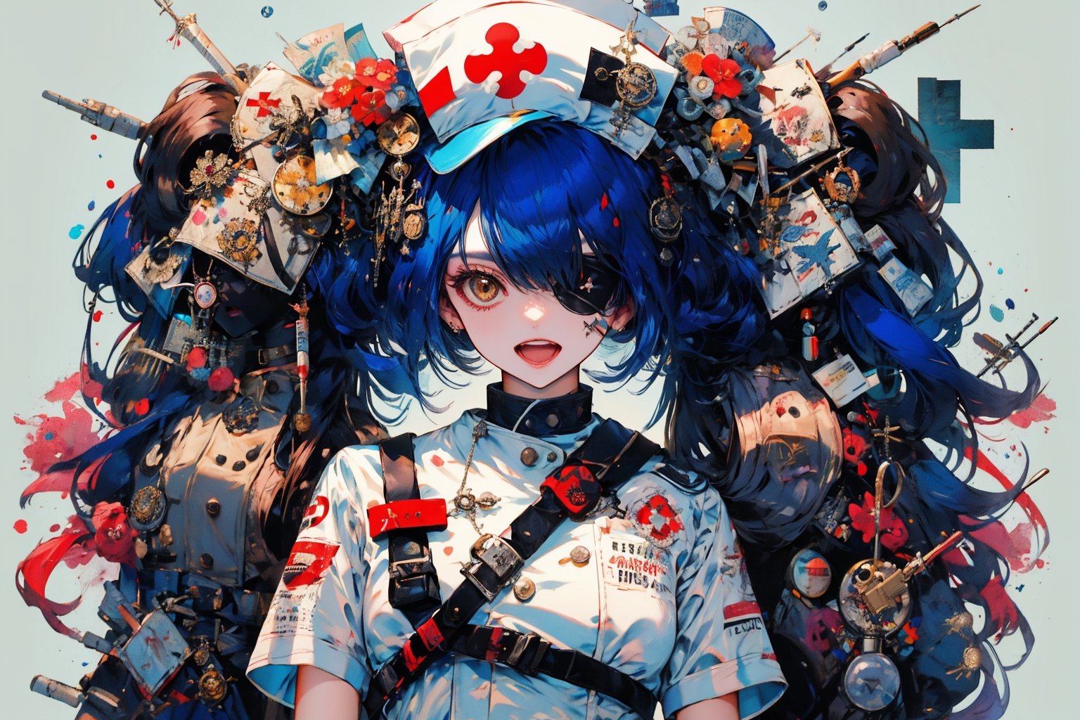 1girl, solo, long hair, breasts, looking at viewer, smile, open mouth, bangs, simple background, gloves, hat, dress, holding, animal ears, twintails, brown eyes, medium breasts, blue hair, full body, short sleeves, :d, belt, white gloves, bag, white dress, hair over one eye, blood, bandages, short dress, eyepatch, black background, bandaged arm, nurse cap, nurse, bandaged leg, erune, syringe, oversized object, bandage over one eye, holding syringe, red cross, intravenous drip, blood bag