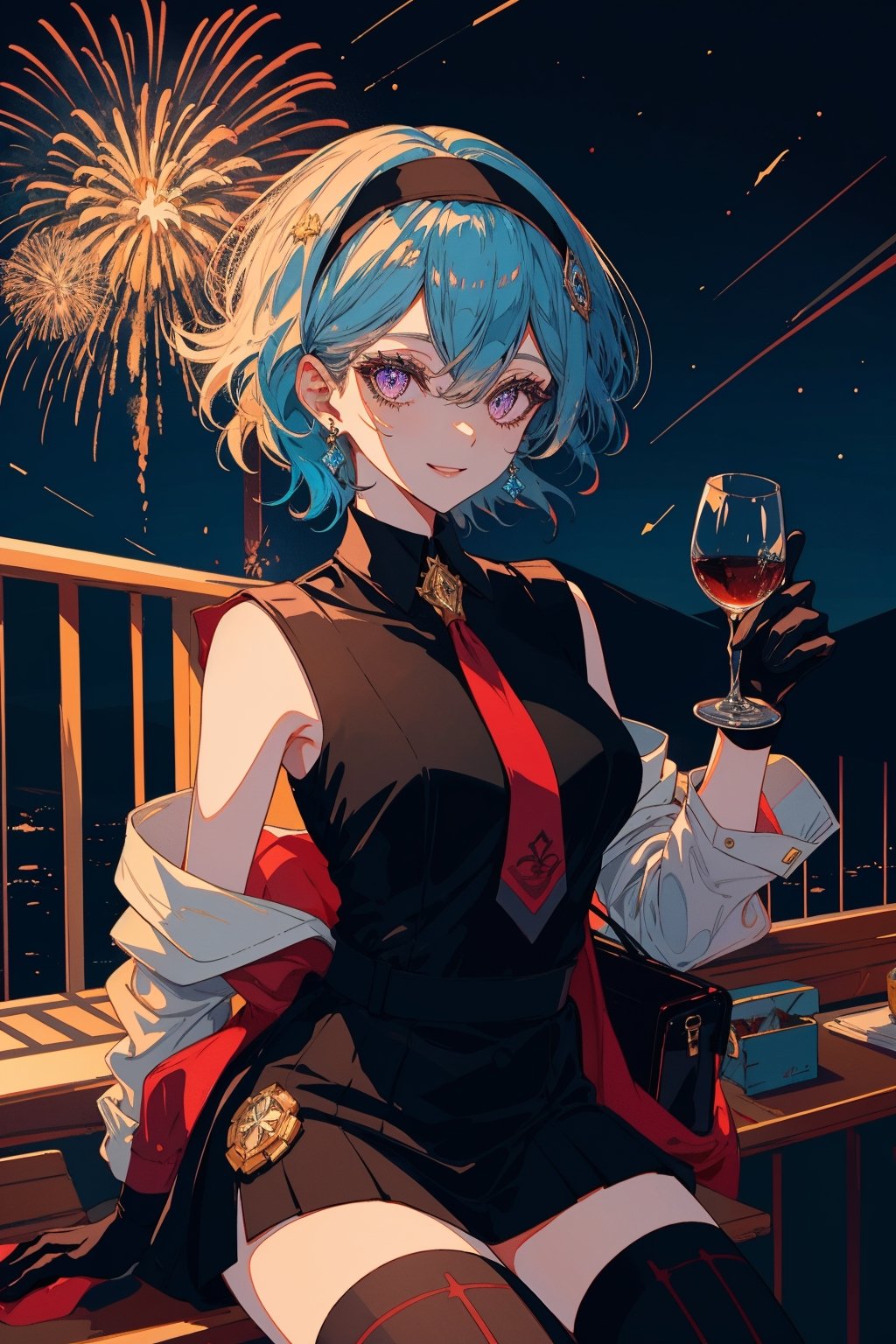 1girl, solo, breasts, looking at viewer, smile, bangs, hair ornament, thighhighs, gloves, long sleeves, holding, sitting, blue hair, purple eyes, hairband, necktie, sky, black gloves, black thighhighs, medium hair, cup, clothing cutout, night, black hairband, night sky, holding cup, alcohol, drinking glass, blue necktie, railing, vision \(genshin impact\), wine glass, shoulder cutout, fireworks, eula \(genshin impact\)