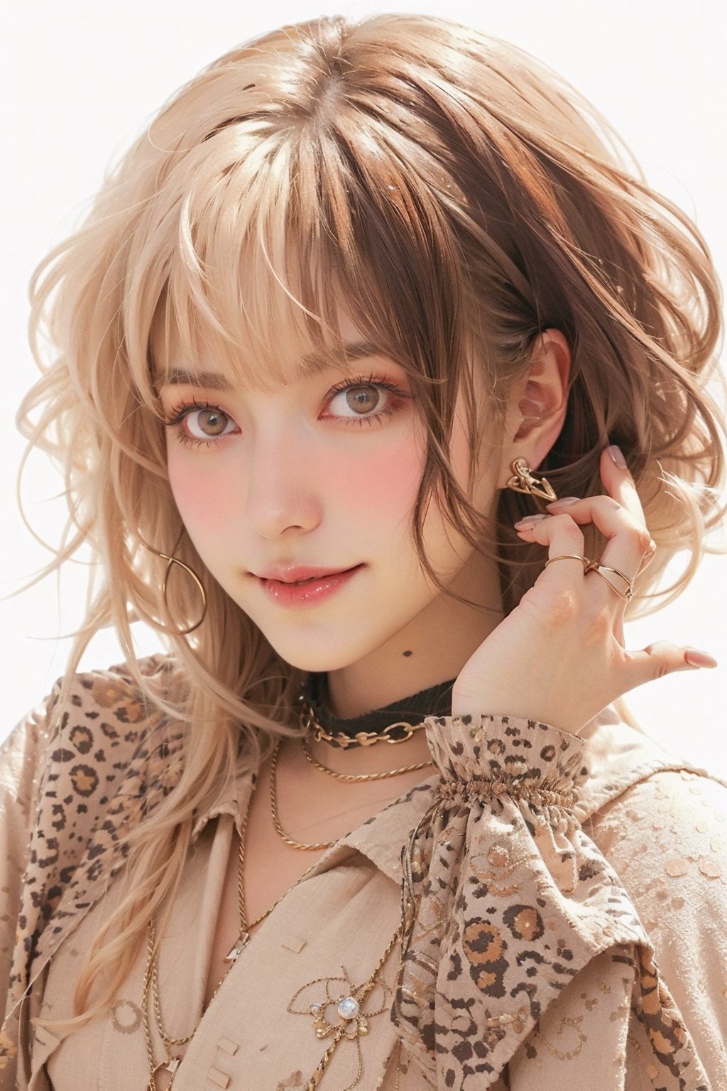 8k, (absurdres, highres, ultra detailed), (1lady:1.3), ultra resolution image, (1girl), (solo), kawaii, (((Gyaru))), japan style Gyaru, smlie, full_body, (((Gyaru makeup))), Gyaru_fashion, white background, Gyaru style nail, 80s, 80s style, leopard print. Wheat skin, Exaggerated hair style, Exaggerated, ring, ear_rings, jewelery,Half Color