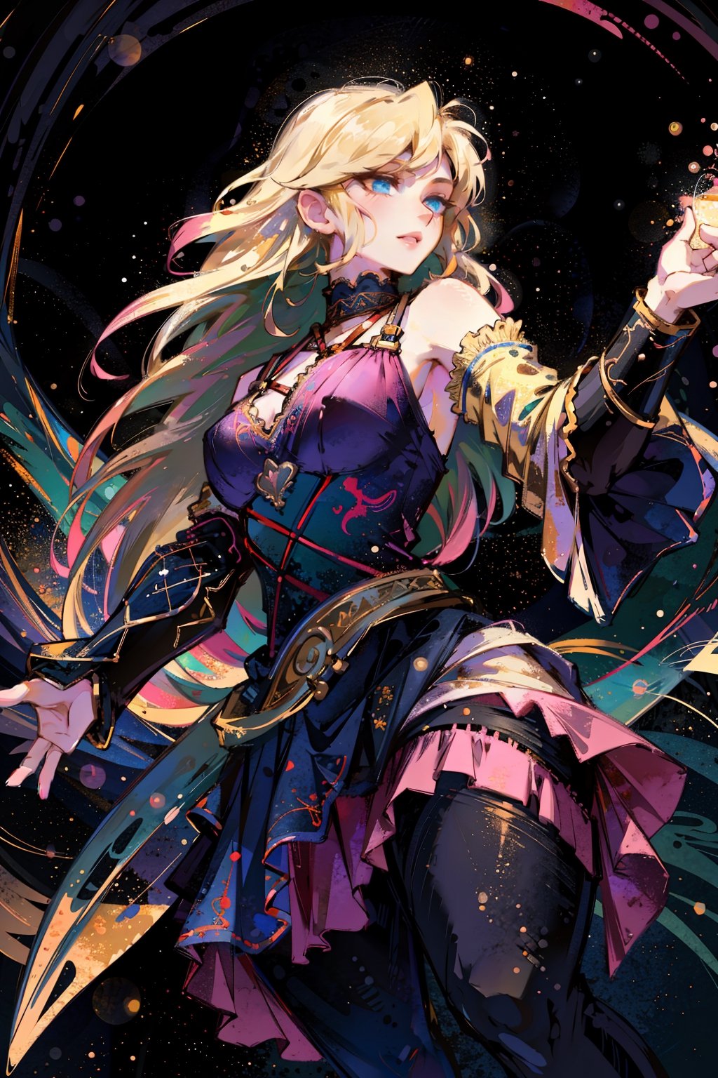 masterpiece, 1girl, blue eyes, very long hair, blonde hair, long blonde hair, french braid, bangs, medium breasts, hair ribbon, frilled choker, criss-cross halter, sleeveless dress, high-waist skirt, backless dress, waist bow, detached sleeves, frilled sleeves, wide sleeves, pantyhose, white legwear, mary janes, intricate image a beautiful glass woman, green foliage and pink and yellow fowery vines background, work of beauty and complexity, ultra detailed face and eyes, 8k UHD, alberto seveso style, fantasy style, glowing fractal glass elements, dynamic pose, amber glow,  flowercore, symetrical fullmoon, night, (masterpiece, best quality:1.5), Furry Girl